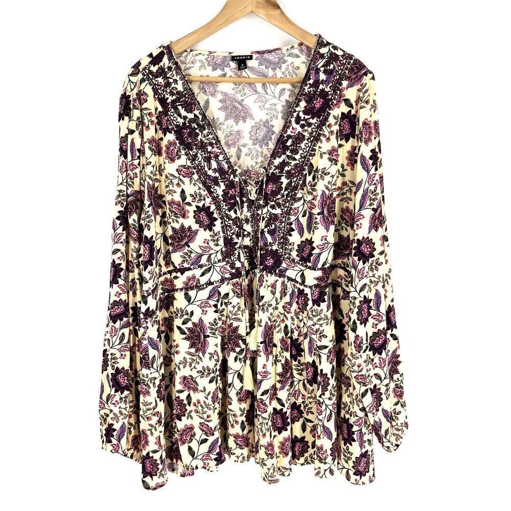 Torrid Shirt Size 3X Womens Ivory Purple Floral Lace Up Tassel Embroidered Top